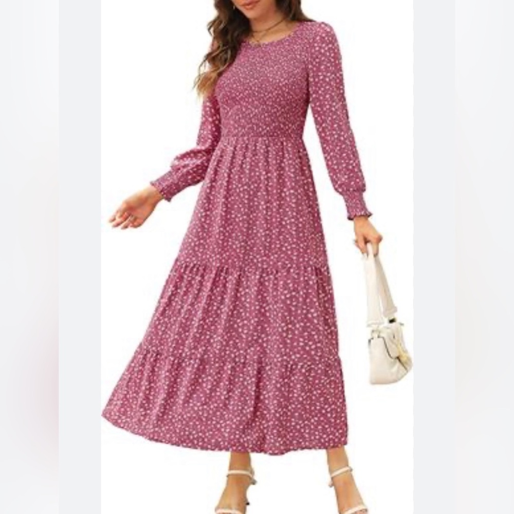 Kranda Round Neck Puff Long Sleeve Smocked Ruffle Floral Maxi Dress